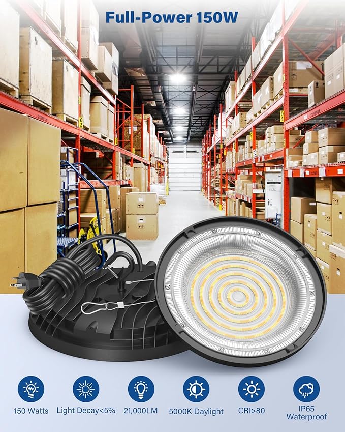 2 Pack 150W UFO LED High Bay Light, Adjustable Color Temperature 3500K/5000K/6500K, 21,000LM, 120VAC, LED Shop Lights, Plug & Play Lighting Fixture for Warehouses, Workshops, Garages, and Barns
