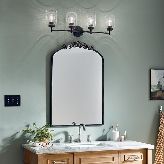 Kichler Winslow 30" 4-Light Bathroom Vanity Light Fixture with Clear Seeded Glass in Black, Modern Industrial Style for Bathroom and Powder Room, (30" x 9.25" x 6.5"), 45887BK
