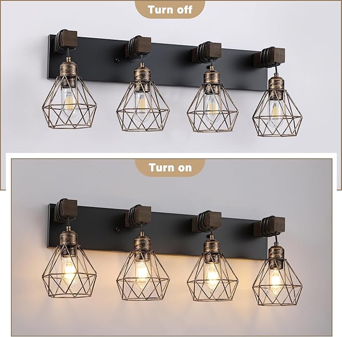 Farmhouse Bathroom Vanity Light Fixtures, 4-Light Black Gold Bathroom Light Fixtures Over Mirror, Rustic Wood Sconces Wall Lighting with Elegant Metal Lampshade for Living Room, Bedroom, Hallway