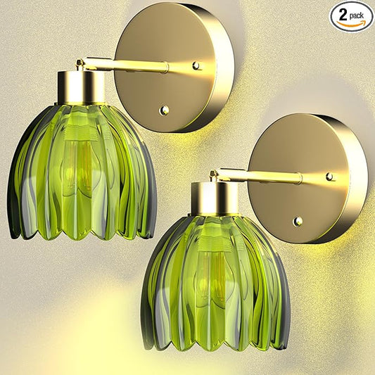 MOKOQI Wall Sconces Set of 2 Battery Operated | Tulip Glass Wall Lamps Rechargeable 5200mAh Wireless Wall Sconce Dimmable for Bedroom Living Room Hallway, Elegant Green Tulip Lampshade Wall Decor