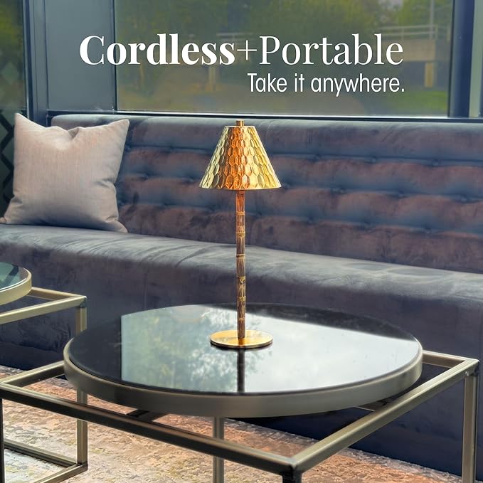 Bamboo Cordless LED Table Lamp – Rechargeable 24-Hour Battery, Dimmable Warm Light, 15" Portable Wireless Lamp with Remote for Indoor/Outdoor Use, Home, Patio, Restaurant – Textured Gold