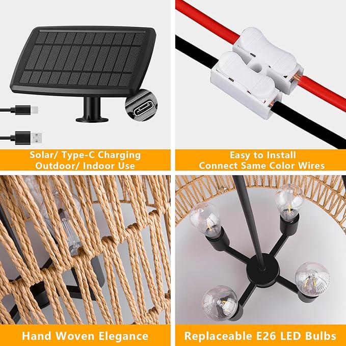Solar Outdoor Chandelier, 4-Light 19" Rattan Outdoor Chandelier, Solar Hanging Pendant Waterproof Lights, for Gazebo, Pergola, Porch, Patio, Backyard