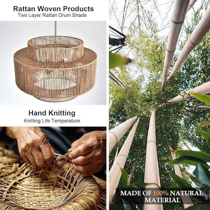 Large Rattan Chandelier 23.62" Boho Chandelier for Dining Room 3-Tier Hand Woven Boho Light Fixture 6 Light Modern Farmhouse Chandelier Kitchen Island Lighting