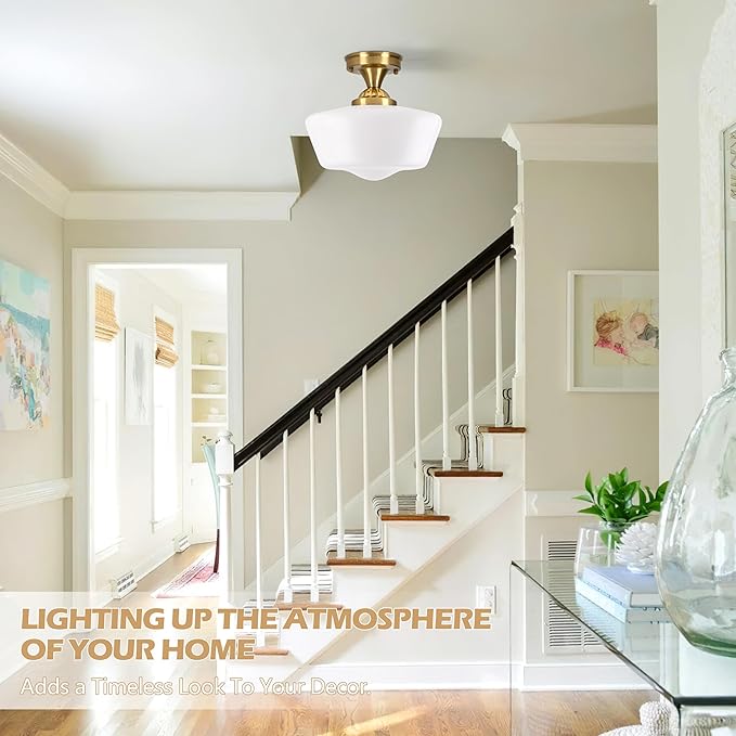 Brass Schoolhouse Light Fixture 12" Mid Century Light Fixture Milk Glass Light Fixtures School House Light Fixtures Ceiling Semi Flush Mount Ceiling Lights for Bedroom Bathroom (bulb Incl.