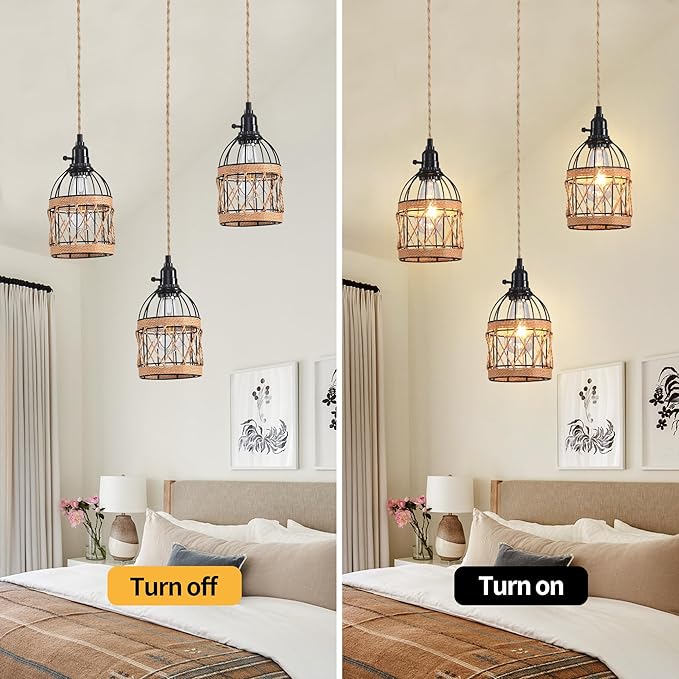 3 Light Hemp Rope Plug in Pendant Light Rattan Hanging Lights with Plug in Cord with Woven Lamp Shade, Plug in Cord Hemp Rope Hanging Lamp