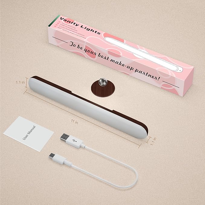 Benreom Vanity Light for Mirror with 4000mAh Rechargeable Battery, Touch Control Dimmable Makeup Light with 3 Color Modes, Magnetic 360° Adjustable LED Bathroom Mirror Light, Dark Wood