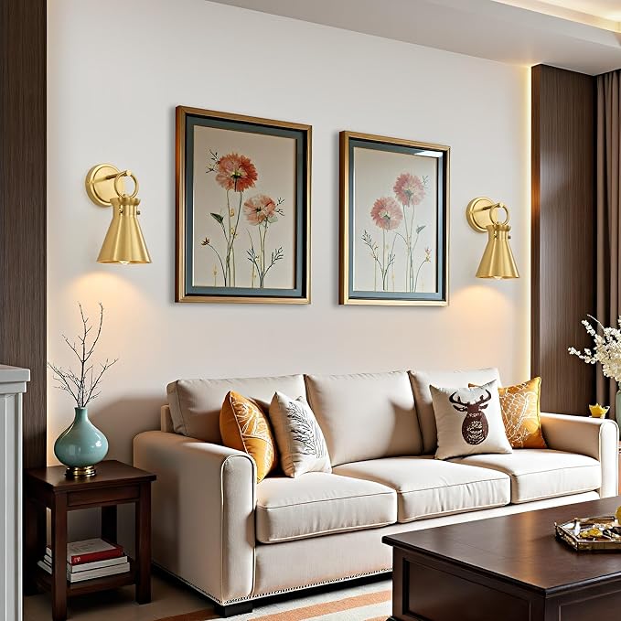 Gold Wall Sconces for Bathroom, Modern Vanity Light Fixtures, Wall Mount Lighting Farmhouse Wall Lights with 6 Inch Metal Lampshade for Bedroom Living Room Mirror Kitchen (Gold Metal, 2 Pack)