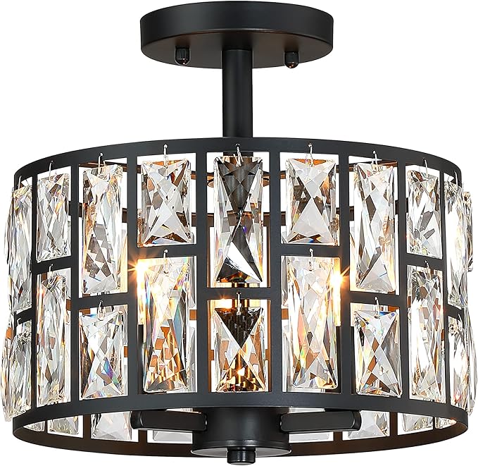 MEXO Farmhouse Crystal Round Semi Flush Mount Close to Ceiling Light Fixture, Drum Shade 3LT Ceiling Lamp for Kitchen Island Dinning Room Bedroom, Hallway Black Finish
