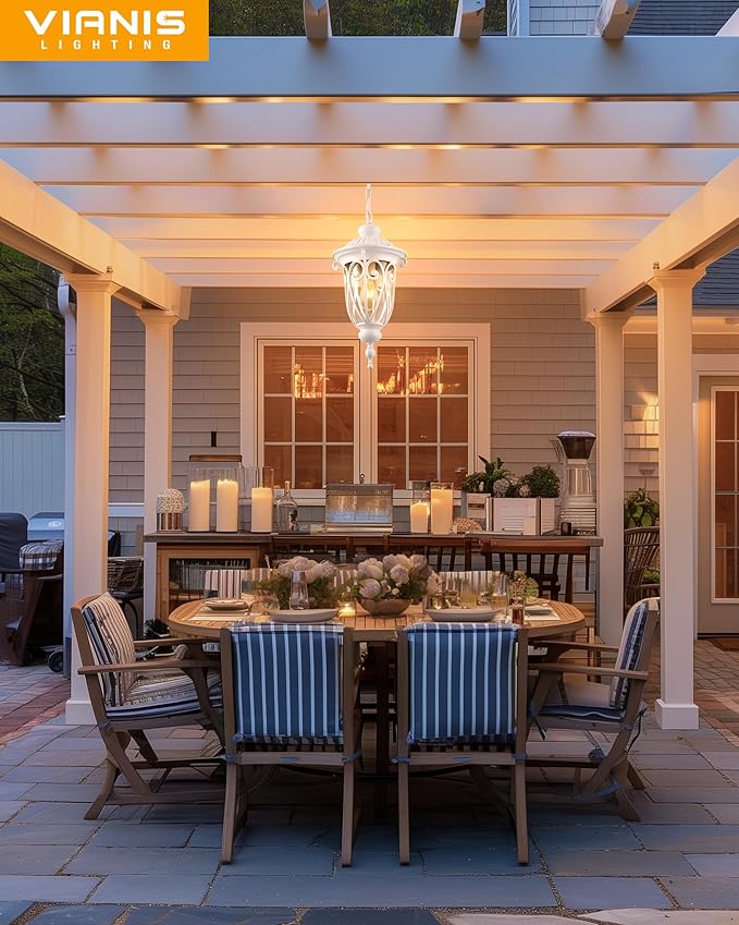 VIANIS Large Outdoor Pendant Light Lantern, White Modern Outdoor Chandelier, Handcrafted Hanging Outdoor Lights with Seed Glass, Outdoor Ceiling Lights for Porch, House, Doorway, Garden, Entryway