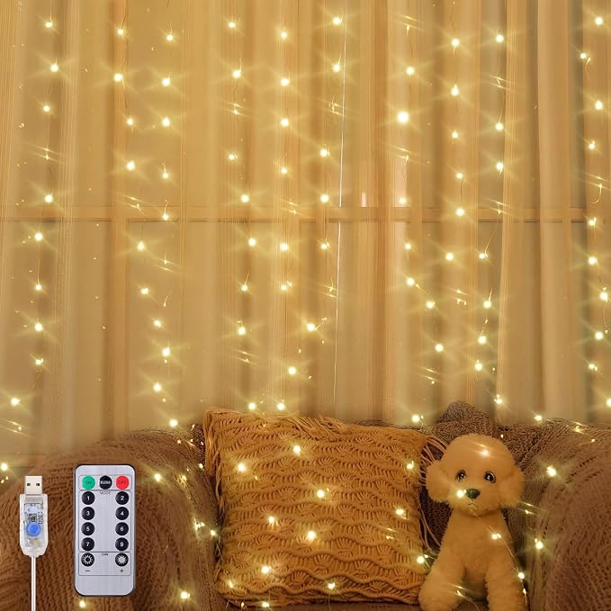 195 LED Curtain String Lights,6.5 x 5 ft Battery Operated USB Powered light with 8 Modes Dimmable Timer,Copper Tapestry Twinkle Fairy Lights for Christmas Bedroom Backdrop Wedding Indoor Outdoor Decor