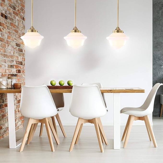 JONATHAN Y 7.2" Brass Gold Modern Schoolhouse LED Pendant Light Fixture, Adjustable Drop Metal Hanging Lamp with White Glass Shade for Kitchen Island, Dining Room, Foyer JYL3516A
