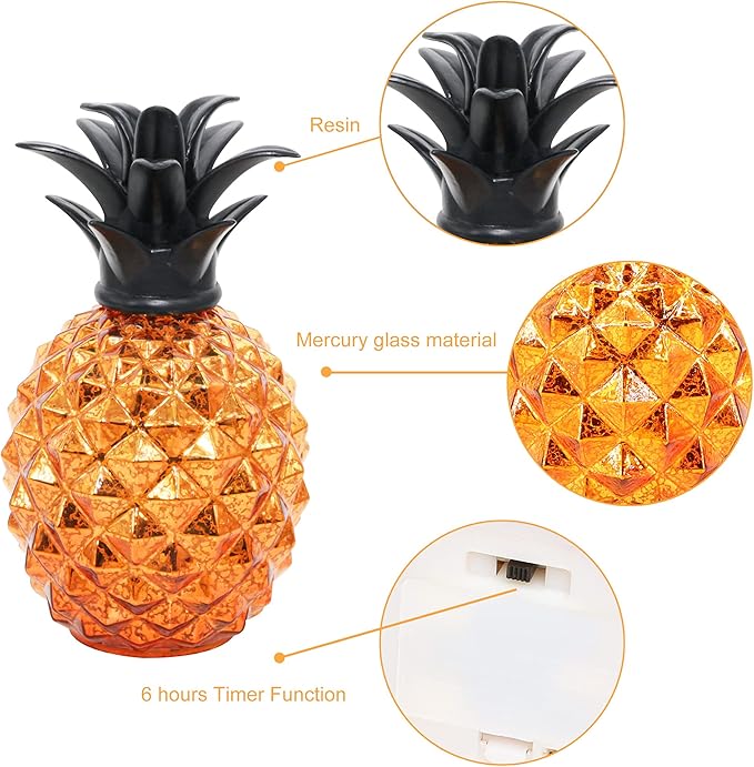 Romingo Mercury Glass Pineapple Lamp 9 Inch Batteries Operated Night Light with Timer for Living Bed Room, Women's Gift for Wife Girl Friend, Orange