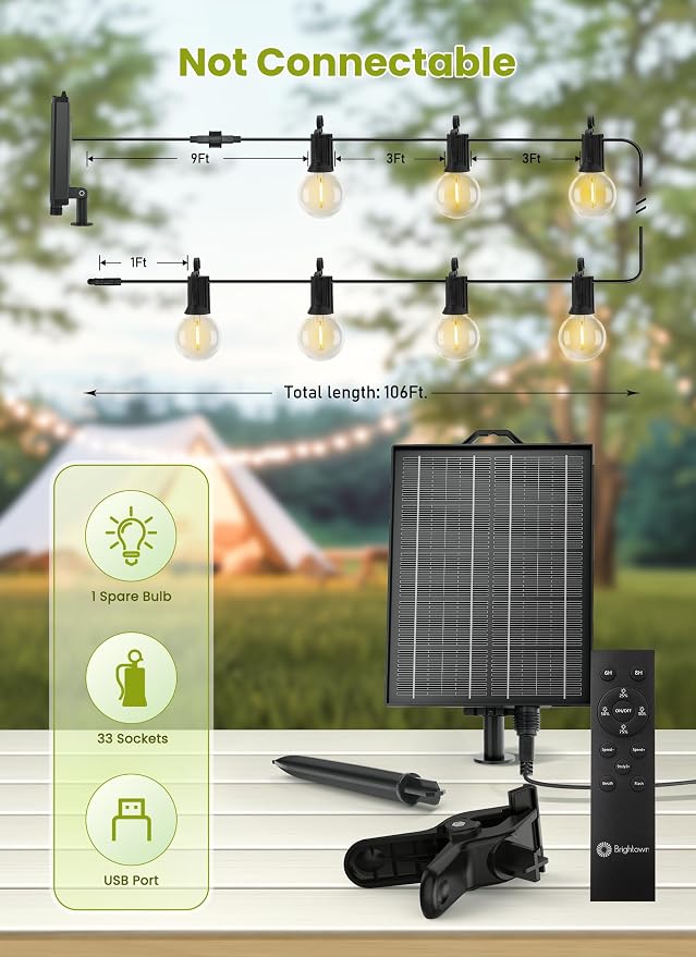 Brightown Solar String Lights Outdoor Waterproof with Remote, 106FT Solar Patio Lights with 33 LED Shatterproof Bulbs, 3 Light Modes, Dimmable & Timer, Solar Hanging Lights for Backyard Party Decor