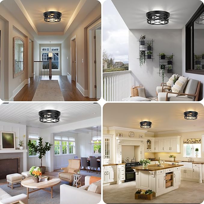 Bosceos 2-Light Flush Mount Ceiling Light Fixtures, 2-Pack Farmhouse Black Ceiling Lights, Industrial Metal Cage Light Fixtures with Adjustable Head for Bedroom Hallway Kitchen