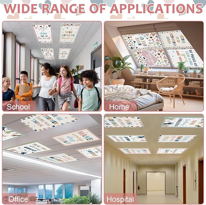 QOUBAI 6 Pcs Fluorescent Light Covers,4 x 2 Ft Magnetic Light Filters Motivational Fluorescent Lights Shade Easy Install for Classroom Office Library Hospital Home Ceiling Boho dot