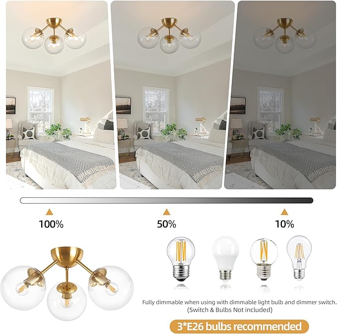 Mid-Century Modern Semi Flush Mount Ceiling Light 3 Lights Clear Glass Modern Globe Ceiling Light Gold Brass Sputnik Chandeliers for Hallway Entryway Kitchen Bedroom Laundry(Bulb Incl.)