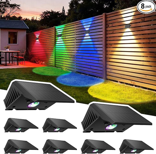 Solar Fence Lights Outdoor, 8 Pack Solar Up Down Wall Lights for Outside, IP67 Fence Lights Solar Powered Dusk to Dawn Auto-Work for Patio Garden Backyard Porch Deck Pathway Step (White&RGB)