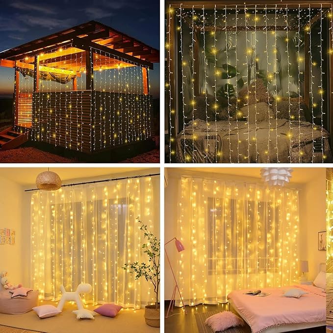 300LED Solar Curtain Lights USB & Solar Dual Powered 8 Modes Fairy Curtain String Lights Waterproof Twinkle Lights for Home Indoor Outdoor Use Garden Patio Gazebo (Warm White)