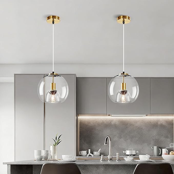 9.1in Large Clear Glass Pendant Light for Kitchen Island – 2-Pack with Extra LED Bulbs & 4.92ft Adjustable Cord | Modern Minimalist Lighting for Dining Room, Living Room, Entryway
