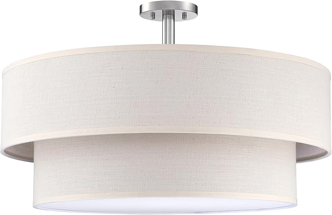 5 Light Semi Flush Mount Close to Ceiling Light Fixture,Cream Linen Fabric Shade Brushed Nickel Finish 24 inch for Bedroom,Living Room,Dining Room Hallway