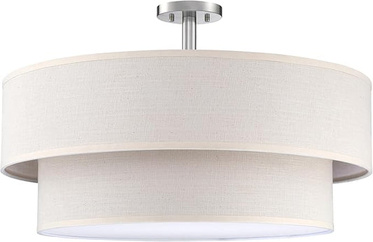 5 Light Semi Flush Mount Close to Ceiling Light Fixture,Cream Linen Fabric Shade Brushed Nickel Finish 24 inch for Bedroom,Living Room,Dining Room Hallway