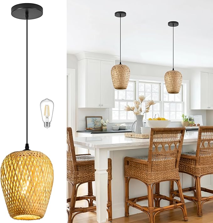 Wicker Pendant Lights Bamboo Pendants Light Boho Chandelier Rattan Pendant Wicker Light Fixture Woven Pendants Lights for Kitchen Island Living Room Dining Room (Bulb Incl.)