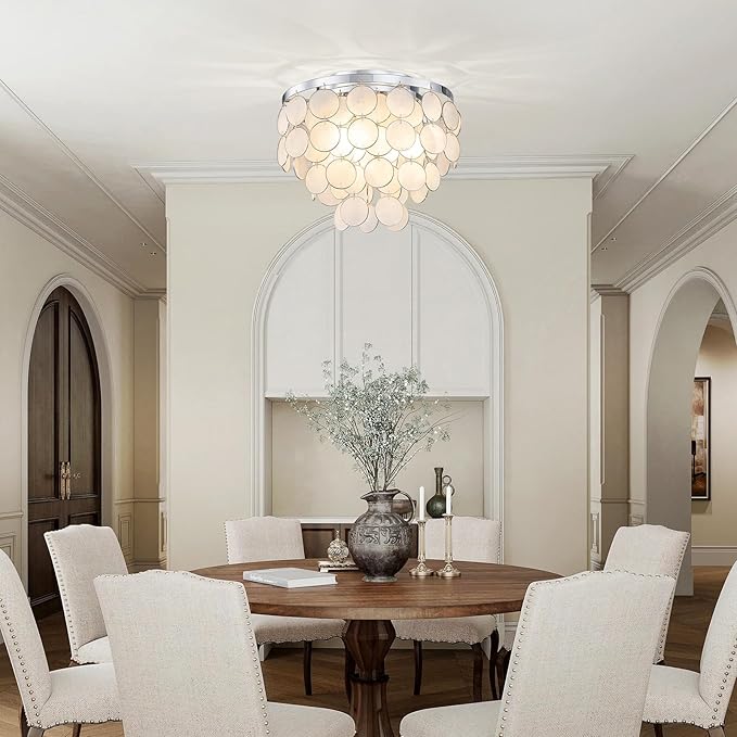 3-Light Capiz Shell Ceiling Light, Coastal Design Flushmount Light Fixture for Dining Room, Living Room, Bedroom, True Shell & Chrome Finish Frame