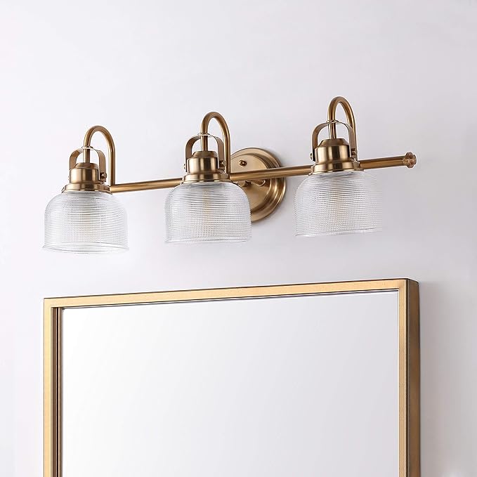 JONATHAN Y 25.25" Brass Gold Modern Bathroom Vanity Light, 3-Light LED Wall Sconce, Clear Glass Bell Shade for Mirror Hallway Kitchen, ETL Listed, LED Bulb Included (JYL7409B)