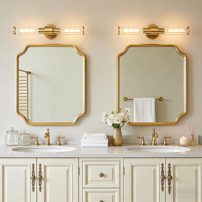 Gold Wall Sconce 2 Pack Hardwired, Bathroom Light Fixtures Clear Glass Featuring Two E26 sockets, Vanity Lights Fixtures for Bathroom, Dimmable - Bulb Not Included, UL Certification