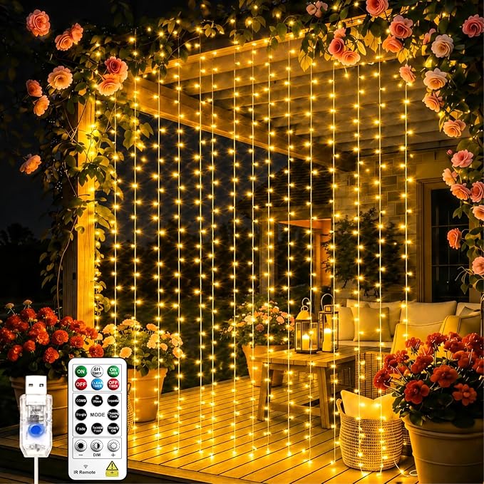 Curtain Light for Bedroom, 200LED 6.6x6.6ft Warm White Window Wall Hanging Fairy Curtain String Light, 8 Modes Remote Fairy String Lights Indoor for Wedding Party Home Garden Decorations
