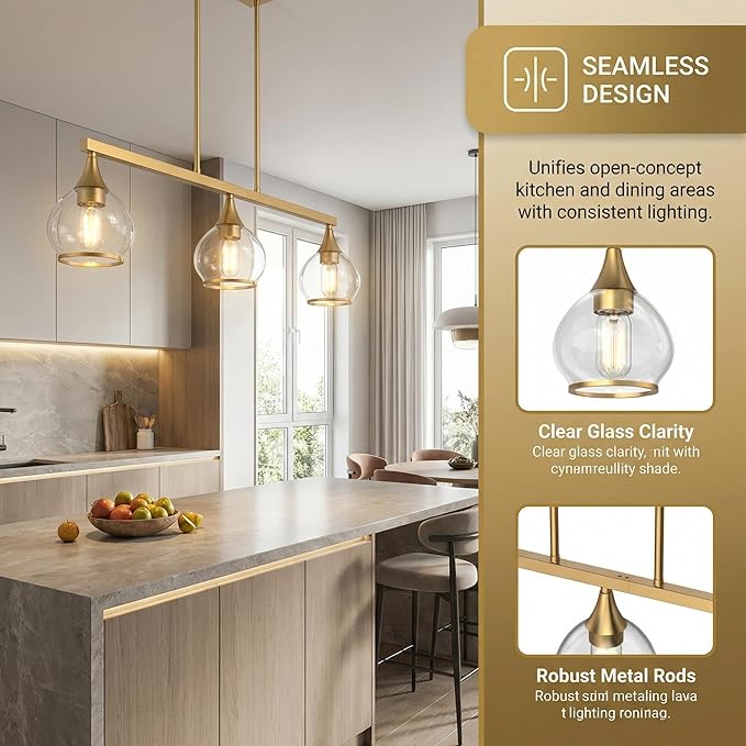 Kitchen Island Linear Pendant Light, 3-Light Gold Dining Room Chandelier with Clear Glass Globe Shades, Modern Linear Lighting Fixture Over Table