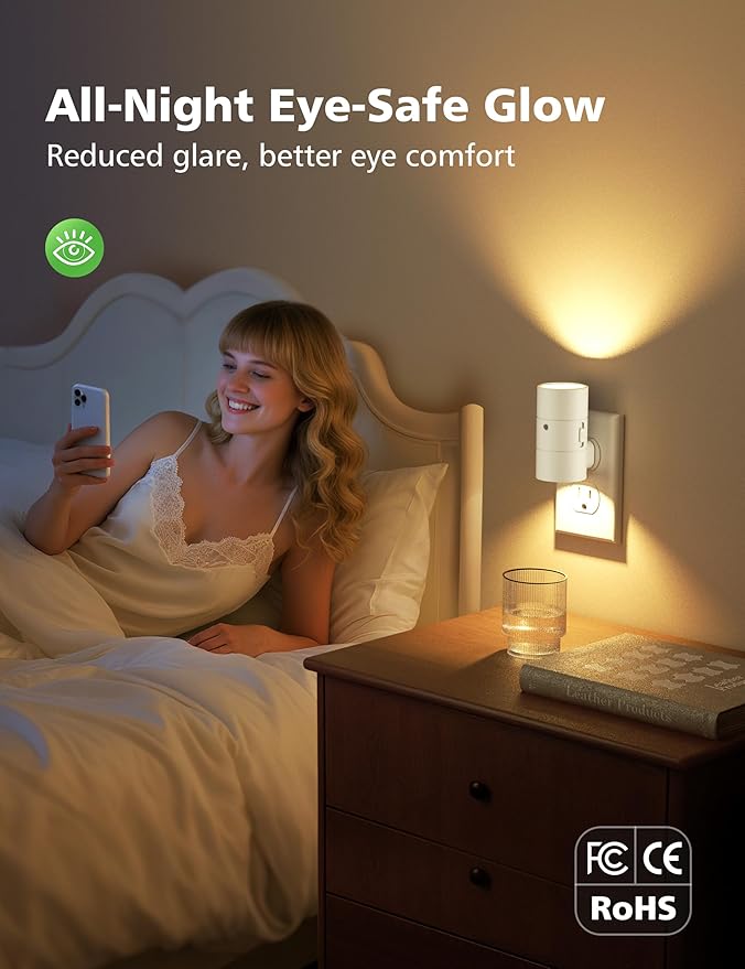JOFIOS Night Lights Plug Into Wall,Dimmable LED Nightlight with Dusk to Dawn Sensor,0-100LM Adjustable Brightness,3 Color Temperatures,Night Light for Hallway Bathroom Stair Bedroom,White,4 Pack