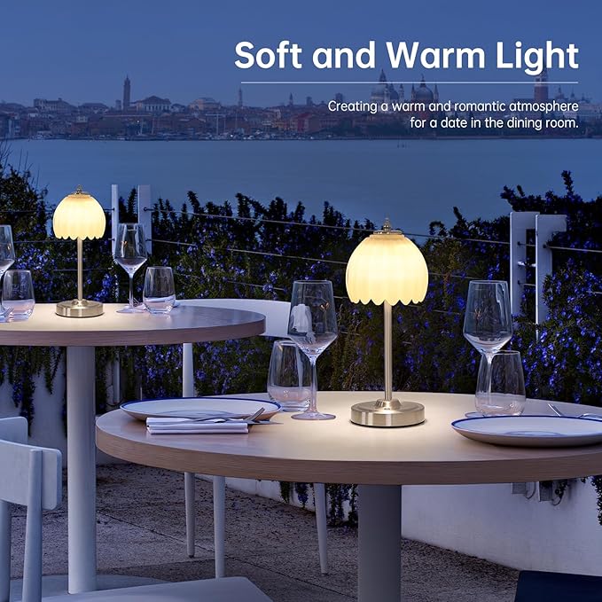 Shenmoyl Tulip Table Lamp with 5200mAh Battery & Touch Control, Cordless Small Table Lamp with 3 Colors, Dimmable Rechargeable Table Lamps for Living Room, Bedroom, Desk, Bedside (Creamy Yellow Tulip)