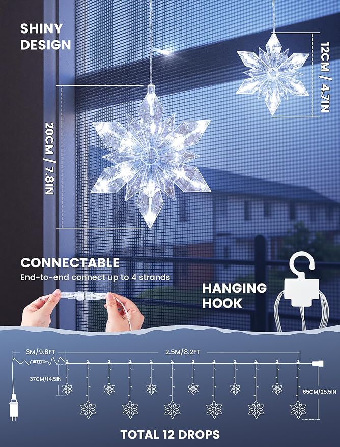 Snowflake Icicle Lights,8.2ft 144LED Curtain Fairy Light with 12 Drops,Connectable 8 Mode Timer Snowflake Christmas Lights Plug in for Bedroom,Window,Wedding,Indoor Outdoor Xmas Decor,White