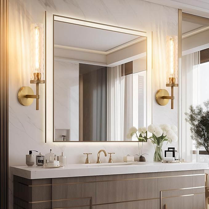 19.5" Knurled Brass Wall Sconce with Water Ripples Glass Tube, Gold Bathroom Vanity Light Fixtures, Modern Lamp Lighting for Bedroom, Living Room, Hallway, Staircase, Mirror, Kitchen