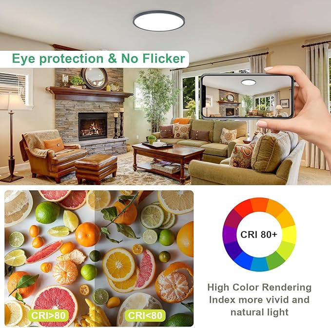 1PK 15.8 Inch LED Flush Mount Ceiling Light Fixture, 32W,3200LM,3000K/4000K/6000K CCT Selectable,0.67 inch Super Slim LED Ceiling Light for Bedroom,Hallway,Kitchen,Black