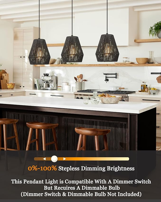 Woven Pendant Light Fixtures, ELYONA 7" Farmhouse Coastal Hanging Lamp with Matte Black Handwoven Rattan Basket Shade Modern Boho Pendant Light for Kitchen Island Dining Room Bar Bedroom Foyer Hallway