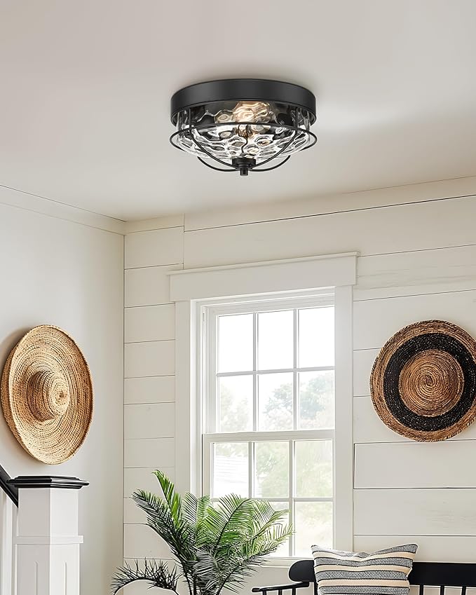 Black Flush Mount Ceiling Light, HWH 12 inch 2-Light Farmhouse Close to Ceiling Light Fixture in Matte Black Finish with Water Ripple Hammered Glass, Kitchen Bedroom Laundry Foyer, 5HTJ7WG-F BK