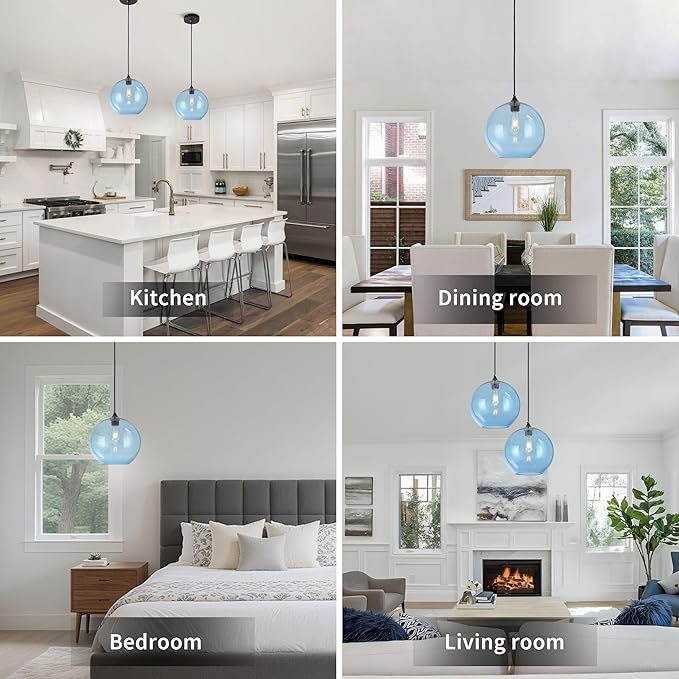 Blue Glass Pendant Lights Kitchen Island Lighting Modern Globe Pendant Light Fixtures Modern Pendant Lights for Kitchen Island Bedroom Living Dining Room Light Fixture-11.8in 2Pack