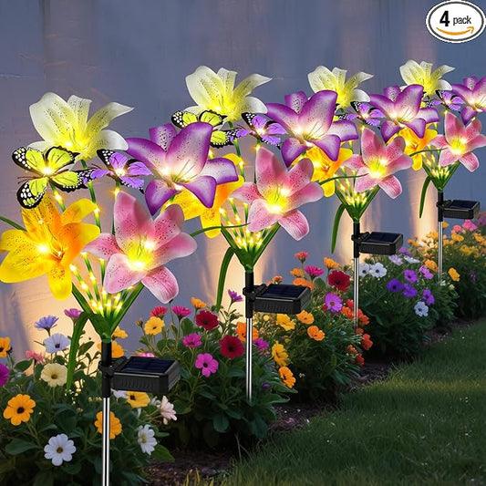 ostritec Solar Garden Lights Outdoor, 4 Pack Flower Lights for Outside, 16 Solar Lilies with Butterflies, Waterproof Garden Decor for Yard, Patio, Gifts for Women Mom (4 pcs Lilies)