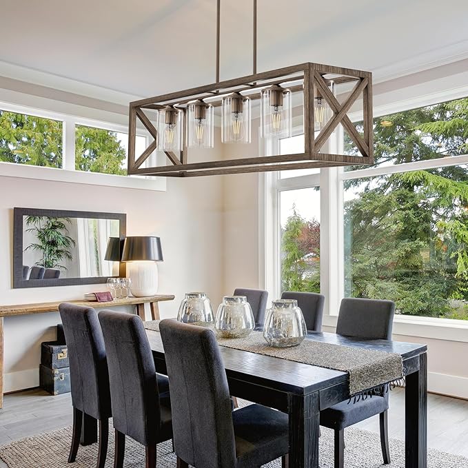 Espird Upgraded Burlywood Dining Room Light Fixture - 5 Light Rectangle Light Fixtures with Clear Glass Shade& Adjustable Height& Thickened Metal Dining Table Lights Fixture Chandeliers for DiningRoom