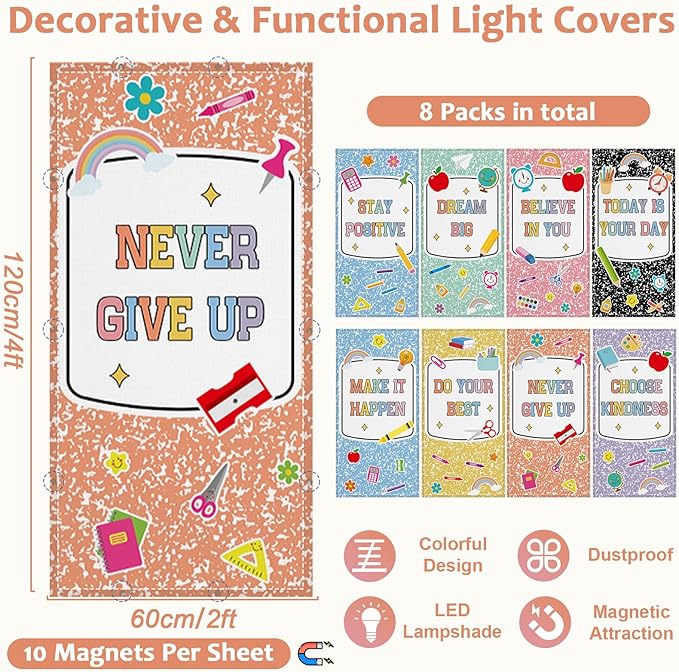 QOUBAI 8 Pcs Fluorescent Light Covers,4 x 2 Ft Magnetic Light Filters Notebook Fluorescent Lights Shade Easy Install for Classroom Office Library Hospital Home Ceiling Composition
