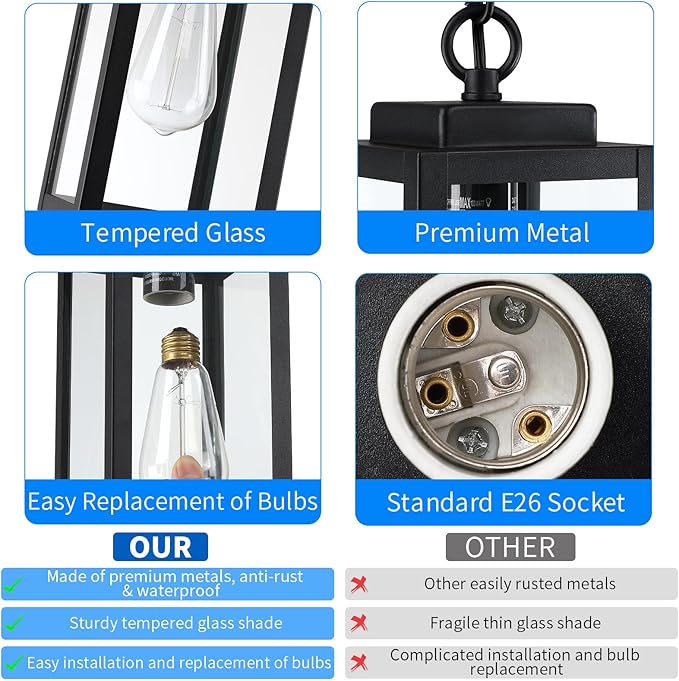 11'' Outdoor Pendant Light, Modern Outside Chandelier Outdoor Hanging Lantern Light, Matte Black with Clear Glass, Exterior Pendant Lighting Fixture for Porch, Yard, Gazebo, 1Pack