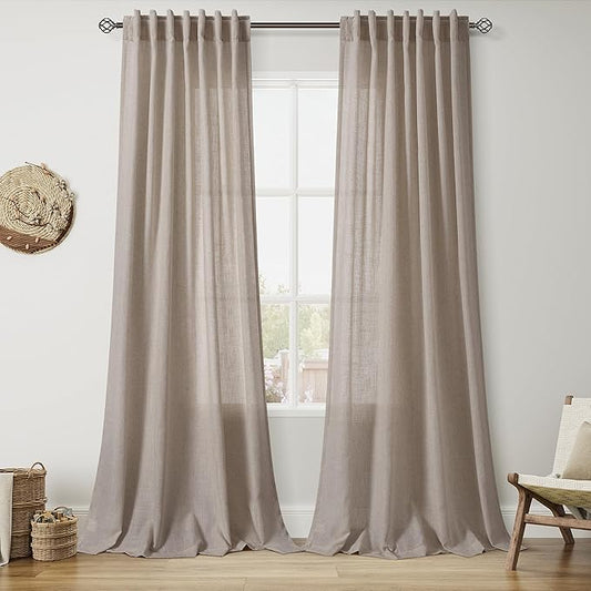 Nanspring 108 Inch Long Curtains for Living Room Ecru Linen Blend Light Filtering Semi Sheer Curtain Back Tab Rustic Decor Natural Farmhouse Floor to Ceiling High Window for Bedroom 52x108, 2 Panels