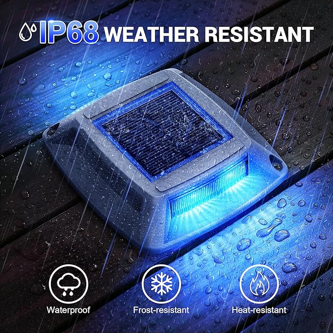 Solar Dock Lights Outdoor 6 Pack, IP68 Waterproof Solar Powered Driveway Lights, Driveway Marker Deck Lights for Steps Pathway Walkway Sidewalk Pool Garage Stair Marine (Blue)