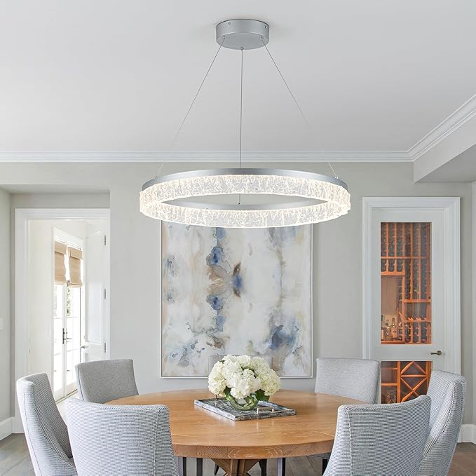 MADEM Modern Silver Led Pendant Light,36W Dimmable LED Chandelier Lighting Fixture, 1 Ring Circular Hanging Led Pendant Lighting for Living Room Dining Room Kitchen Island Foyer Office
