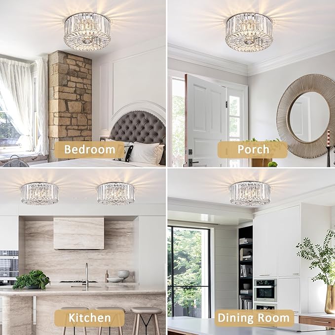 11.8" Crystal Round Flush Mount Modern Close to Ceiling Light Fixture, Chrome Ceiling Lights 2-Light Hallway Light Fixtures, Crystal Ceiling Lamp for Kitchen Bathroom Entryway, XDD007-2-CH