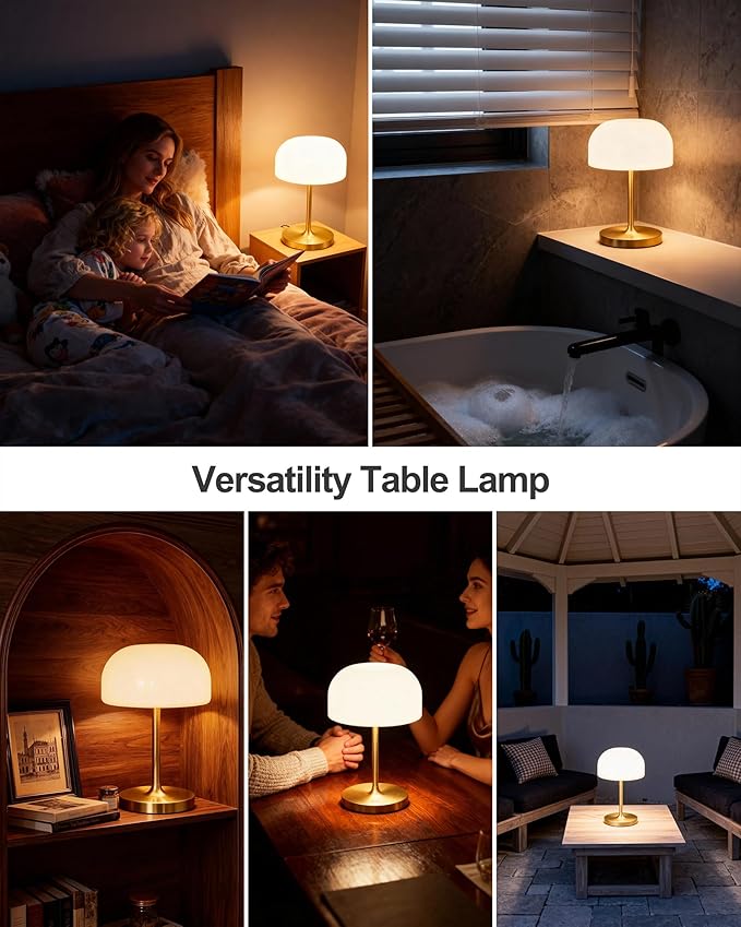 VoMii Mushroom Lamp, 9” Cordless Table Lamp Waterproof Shower Lamps with 4000mAh Battery Rechargeable & 3 Color Temperatures, Dimmable LED Night Light for Bathroom, Bedroom & Home Decor - Brass