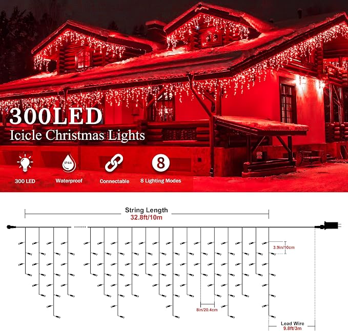 Christmas Icicle Lights Outdoor,300LED 33FT Christmas String Lights,Connectable Valentine's Day Lights with 30V Plug in for Valentine Wedding Party Eave Garden Wall Indoor Decor, Red
