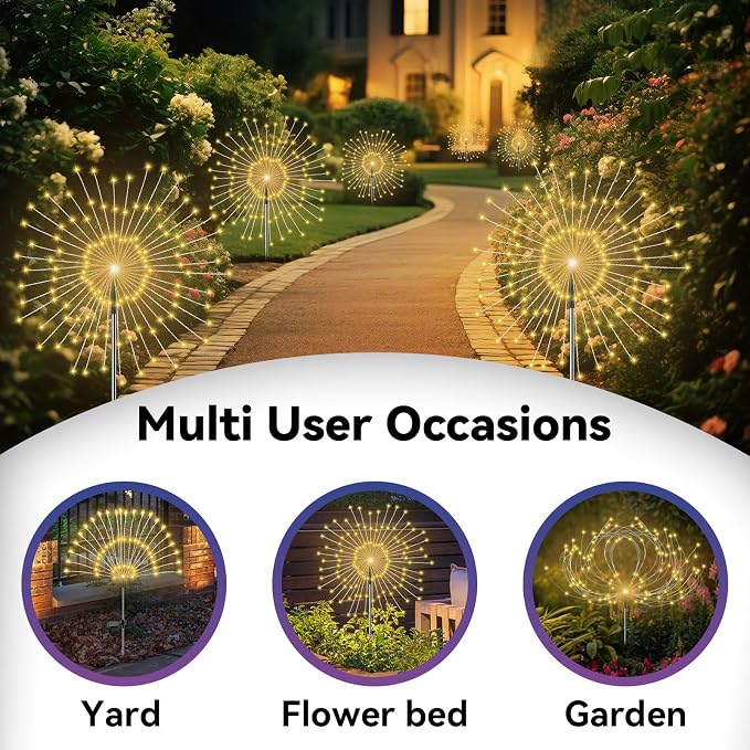 Garden Outdoor Lights, 2 Pack 120 LED Solar Garden Lights Fairy Solar Lights Outdoor Waterproof Decorative Solar Firework Lights for Yard Patio Pathway Flowerbed Party Wedding Decor, Warm White